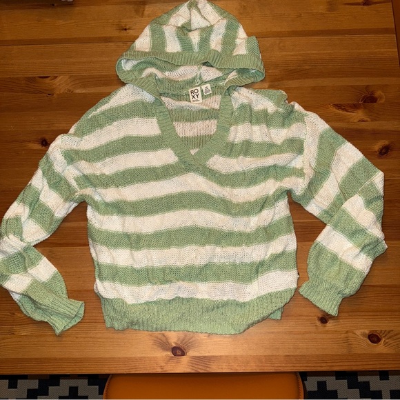 Roxy Striped Green and White Women's Hooded Sweater Large - Picture 1 of 5